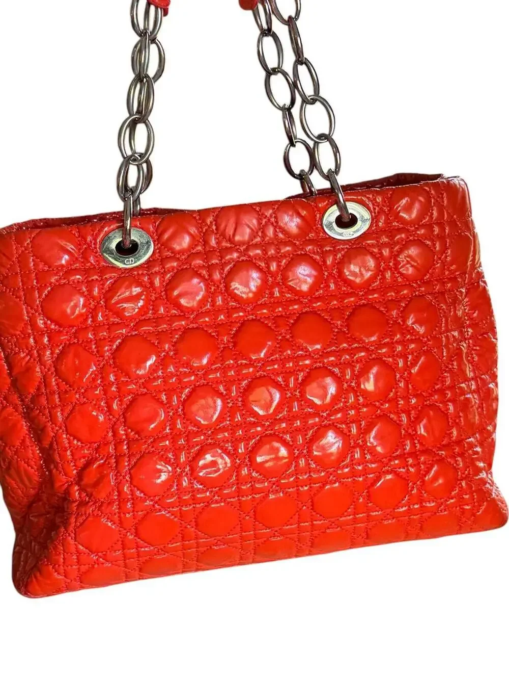 Christian Dior Lady Dior Cannage Orange Patent Leather Tote Bag Silver Hardware